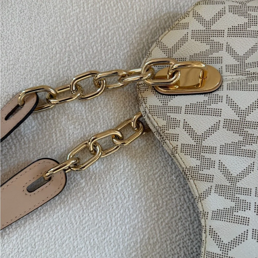 Michael Kors Cream Monogram Shoulder Bag with Gold Accents